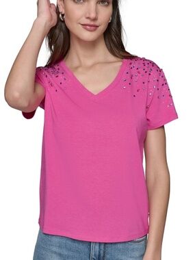 Karl Lagerfeld Paris Women's Embellished V-Neck T-Shirt - Bright Fuschia M